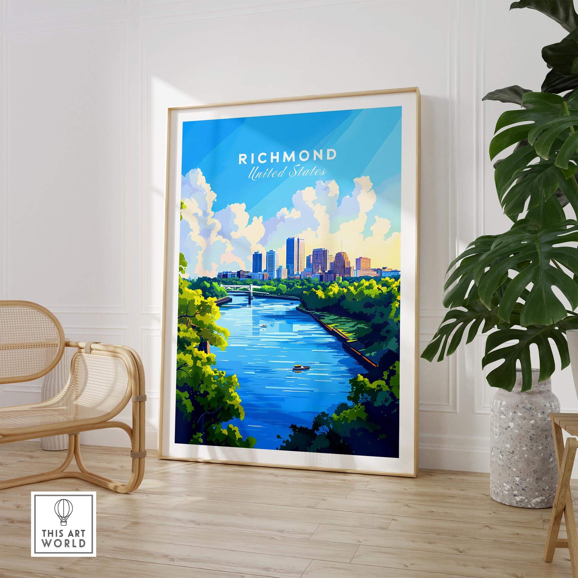 Richmond Virginia Wall Art Print featuring vibrant colors and details of Richmond skyline and riverside.