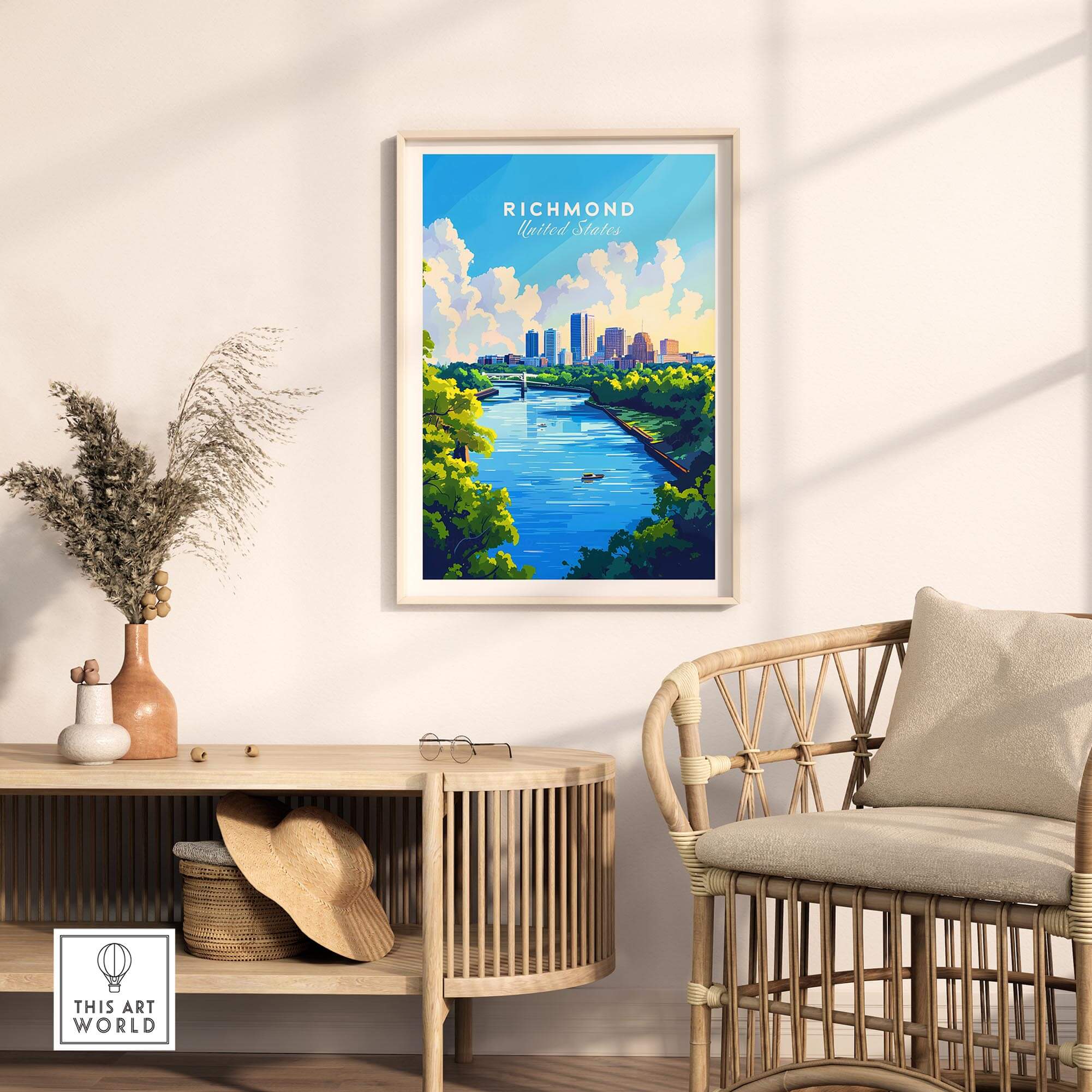 Richmond Virginia Wall Art Print displaying a scenic view of Richmond with city skyline and river in vibrant colors.