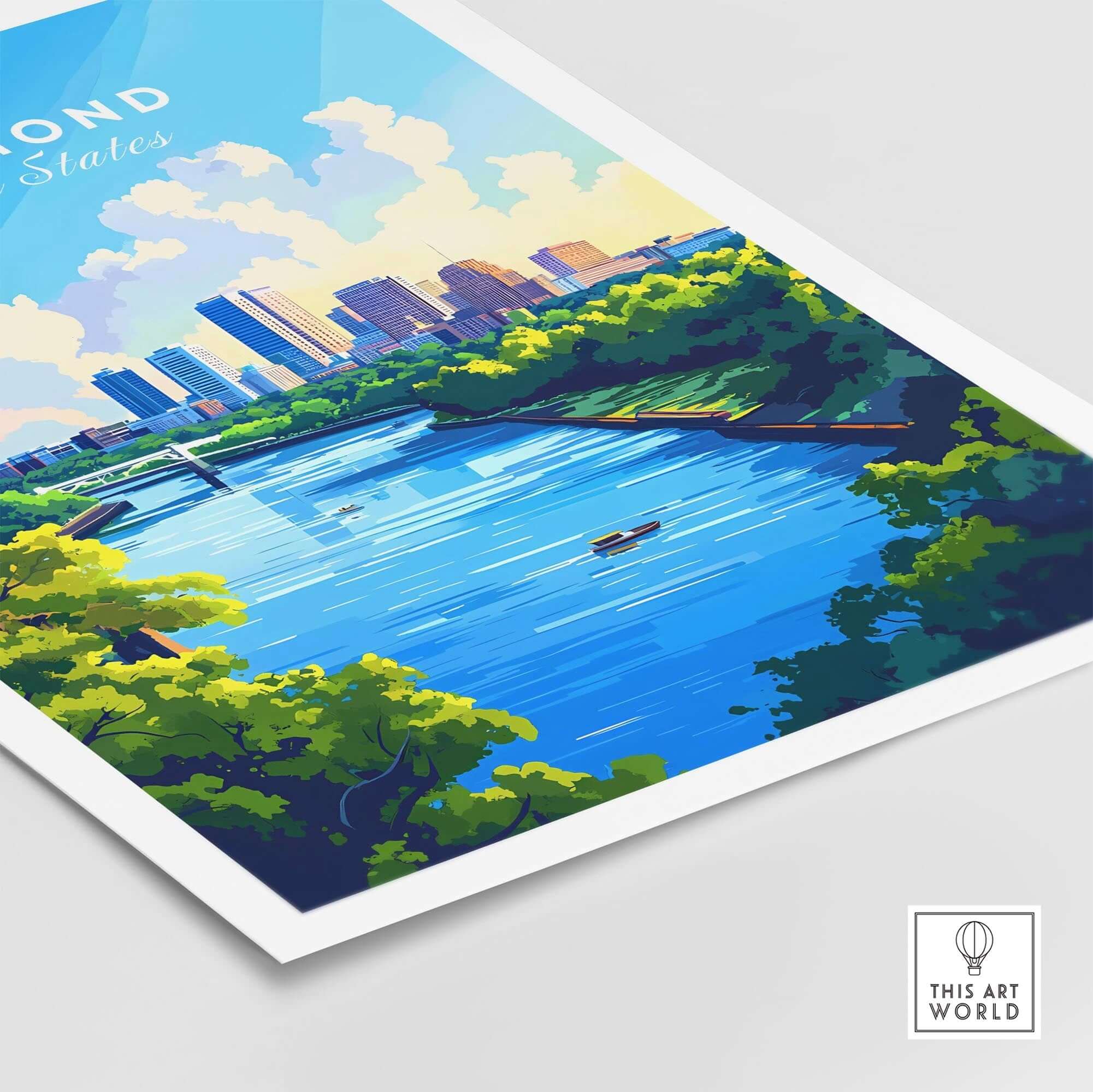 Richmond Virginia Wall Art Print showcasing the city's skyline and river in vibrant colors.