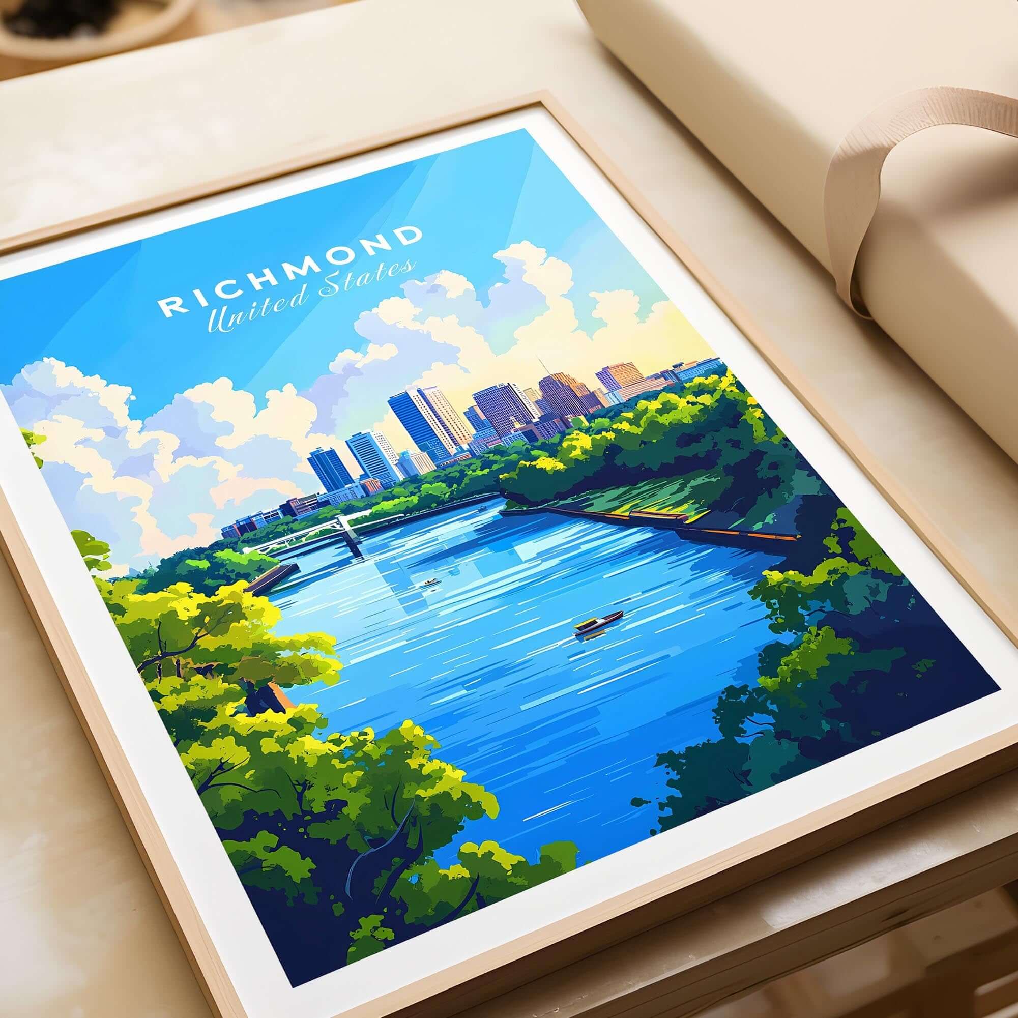 Richmond Virginia Wall Art Print featuring vibrant colors of the city skyline and lush riverfront scenery.