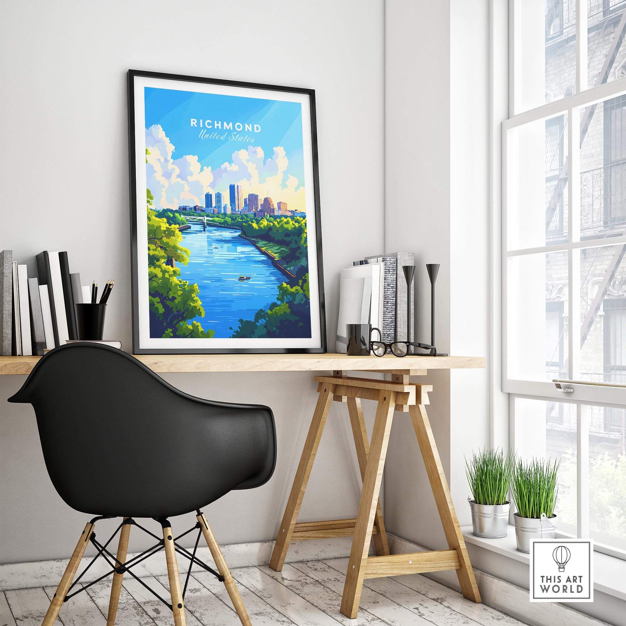 Richmond Virginia Wall Art Print displayed in a stylish office setup, showcasing the city's scenic river and skyline.