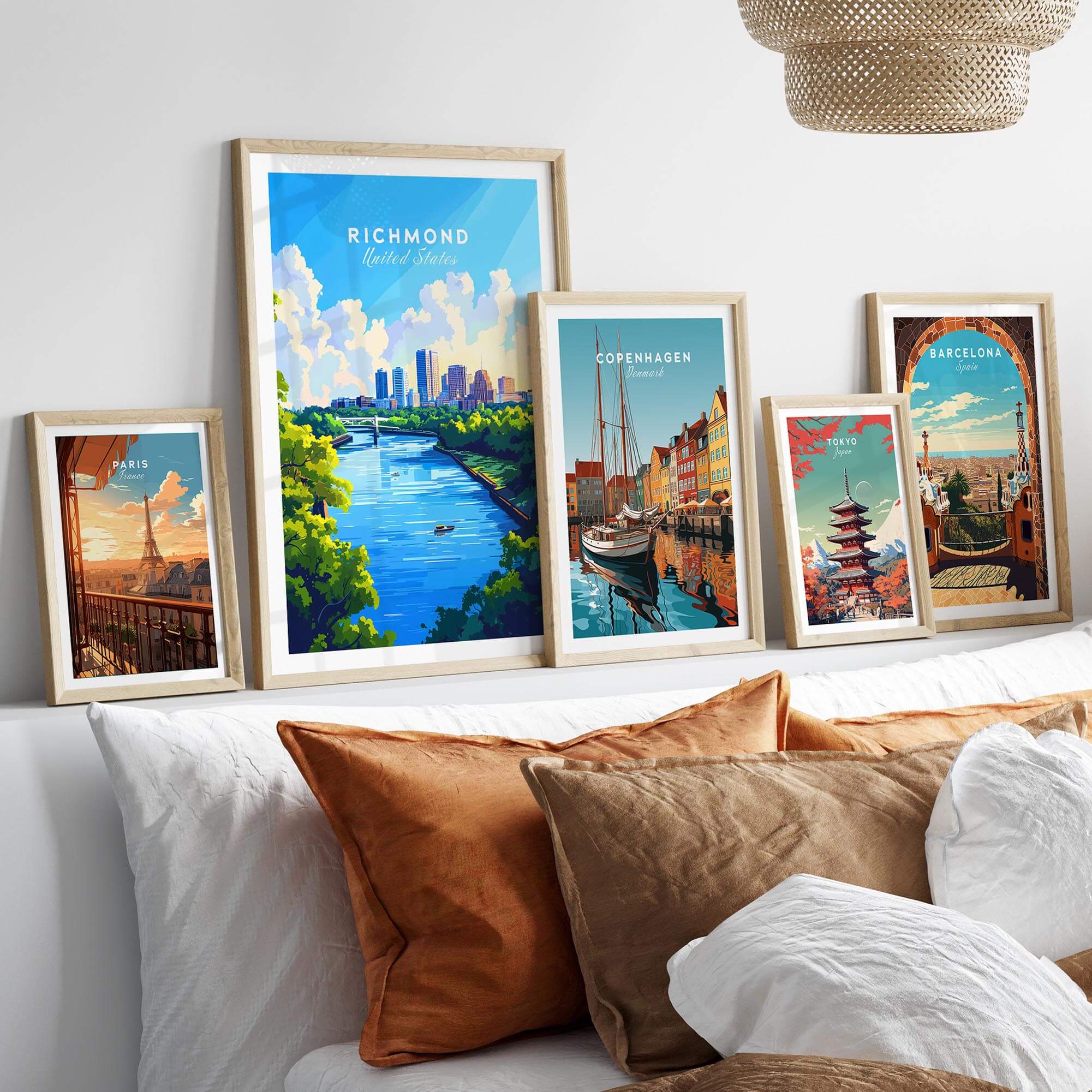 Richmond Virginia Wall Art Print displayed among various travel posters in a stylish home decor setting.