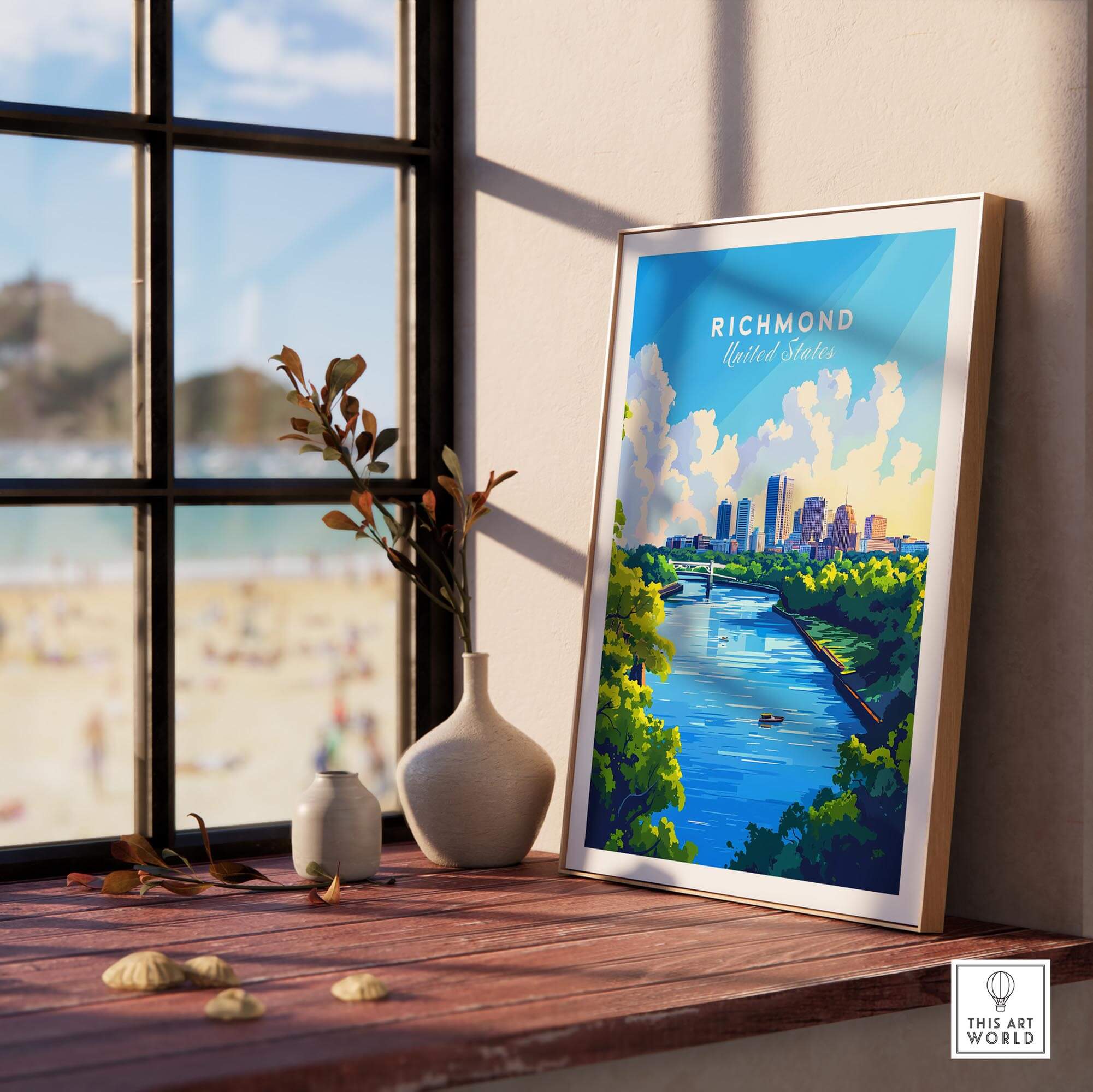 Richmond Virginia Wall Art Print displayed in a sunlit room, showcasing vibrant colors and details of the city.