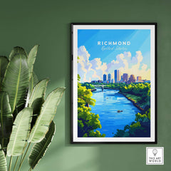 Richmond Virginia Wall Art Print showcasing the city's skyline and river, perfect for art lovers.
