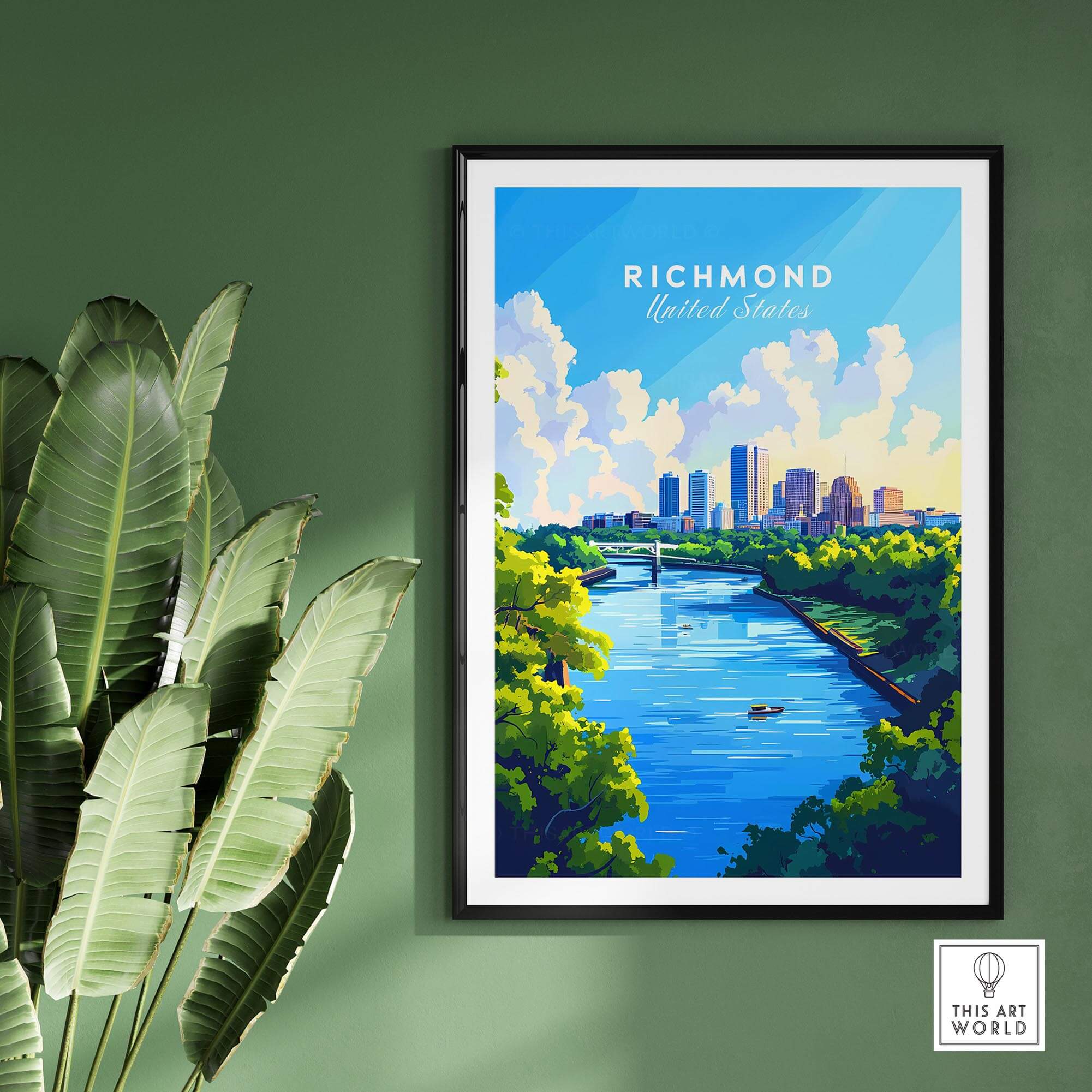 Richmond Virginia Wall Art Print showcasing the city's skyline and river, perfect for art lovers.