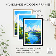 Handmade wooden frames for Richmond Virginia Wall Art Print in natural, white, and black finishes.