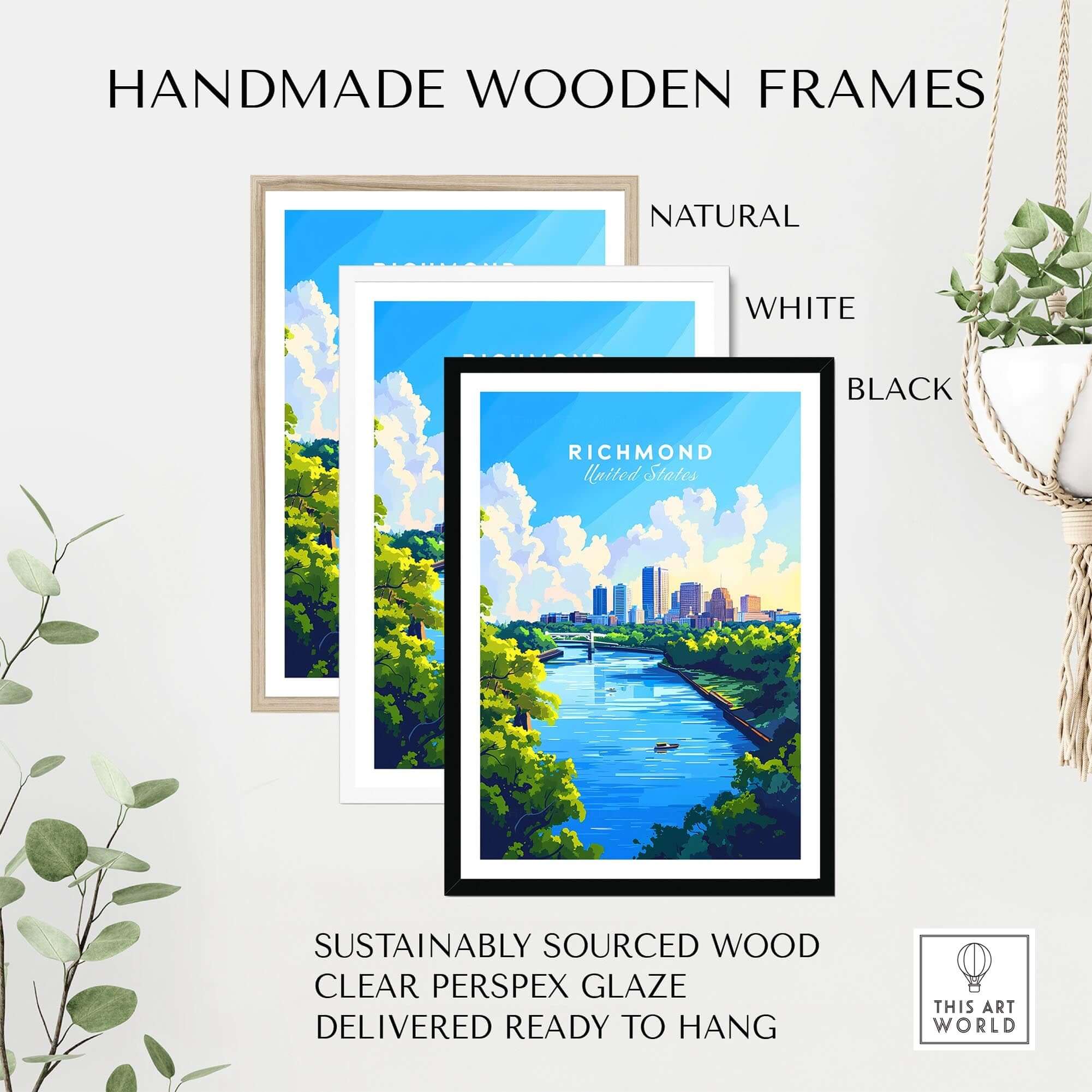Handmade wooden frames for Richmond Virginia Wall Art Print in natural, white, and black finishes.