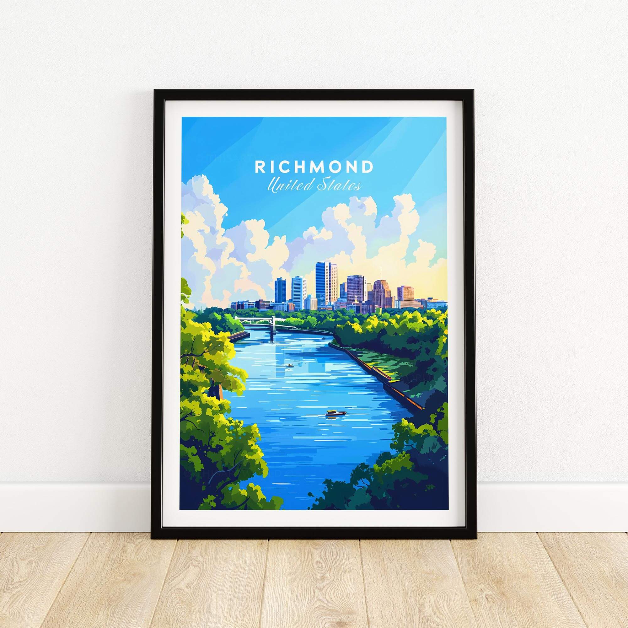 Richmond Virginia Wall Art Print featuring a vibrant river scene and city skyline.