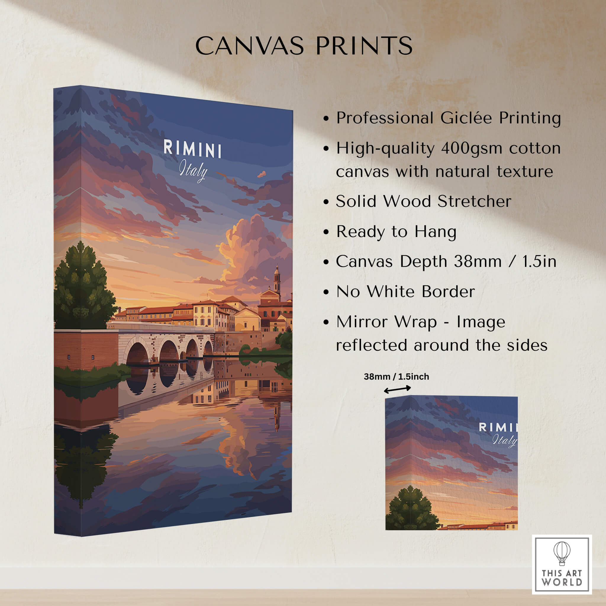 Rimini Italy Wall Art Print | Dramatic Sunset Over Tiberius Bridge Travel Poster canvas print with professional Giclée printing.
