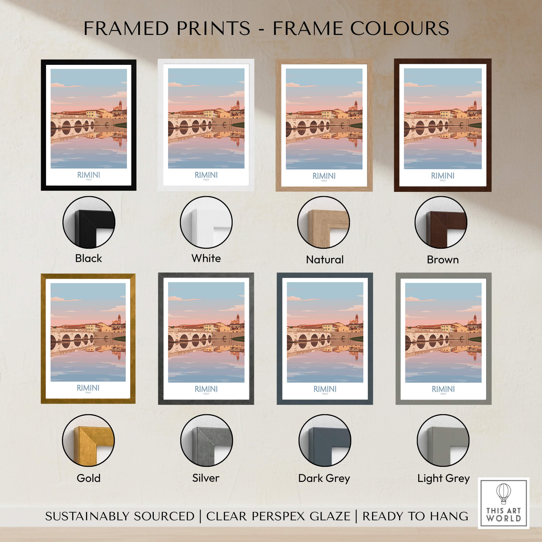 Rimini Italy Poster | Panoramic River Cityscape Scene Canvas Print framed print options including black, white, natural, and brown.