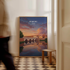 Rimini Italy Wall Art Print | Dramatic Sunset Over Tiberius Bridge Travel Poster displayed in a stylish indoor setting.