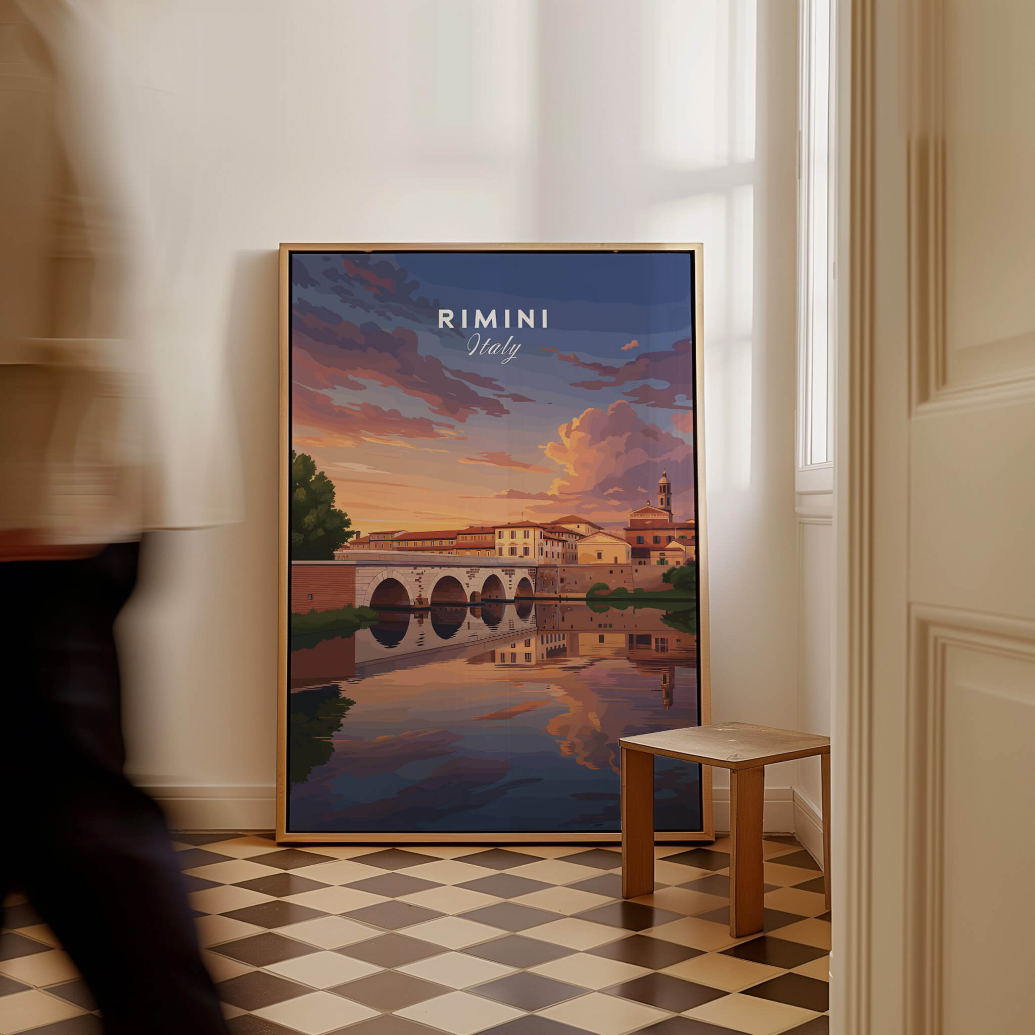 Rimini Italy Wall Art Print | Dramatic Sunset Over Tiberius Bridge Travel Poster displayed in a stylish indoor setting.