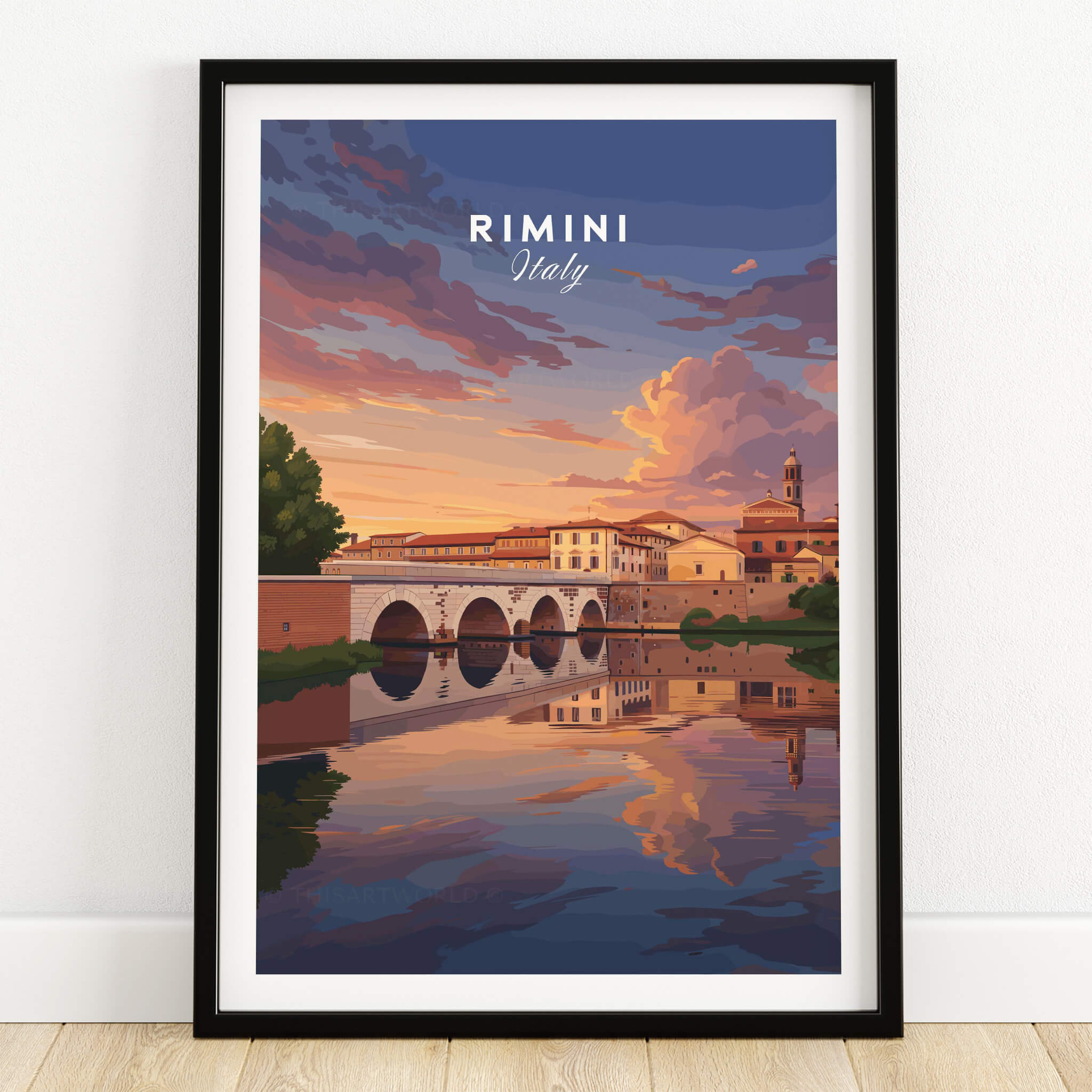 Rimini Italy Wall Art Print | Dramatic Sunset Over Tiberius Bridge Travel Poster featuring stunning sunset reflections.