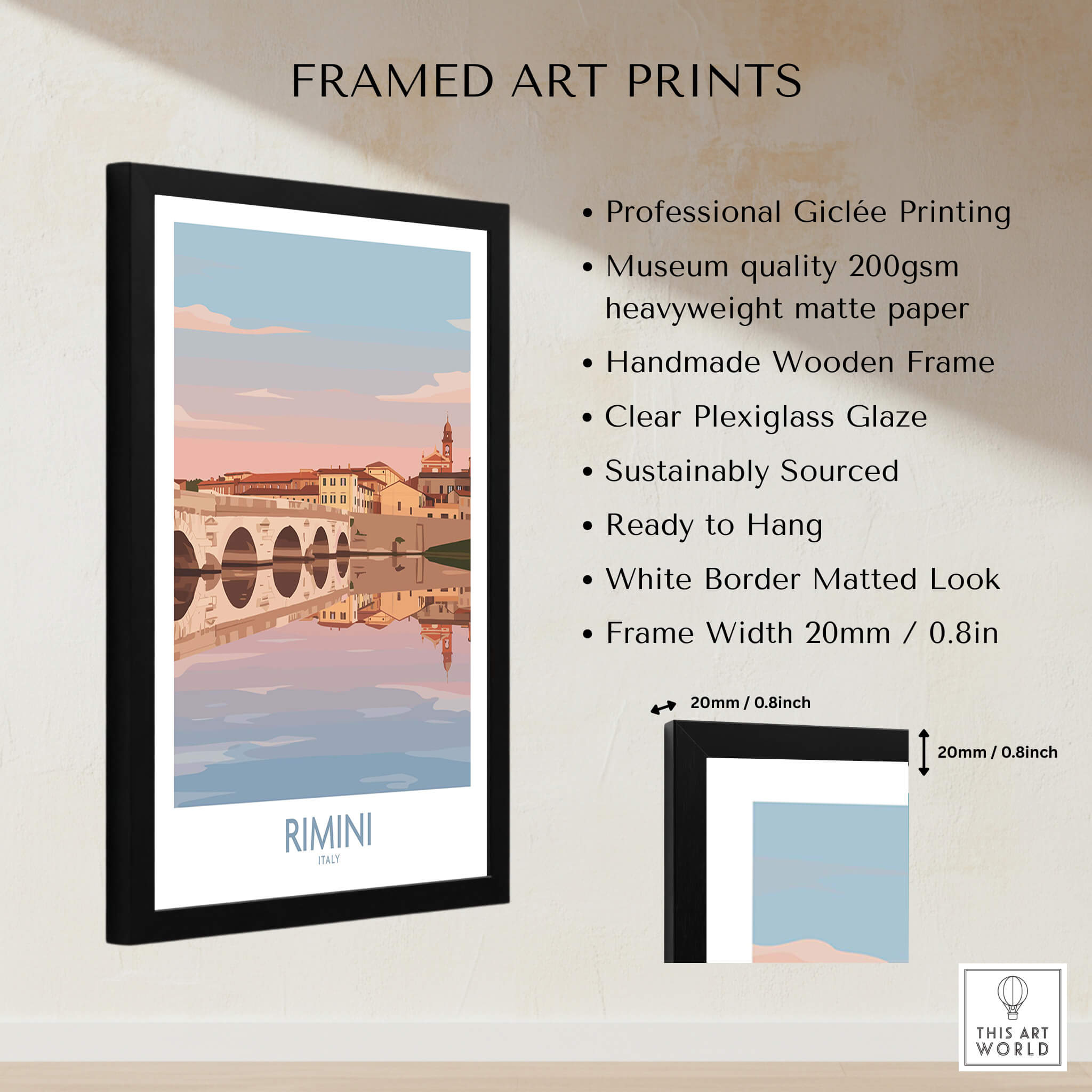 Rimini Italy Poster | Panoramic River Cityscape Scene Canvas Print showcasing framed art print features.
