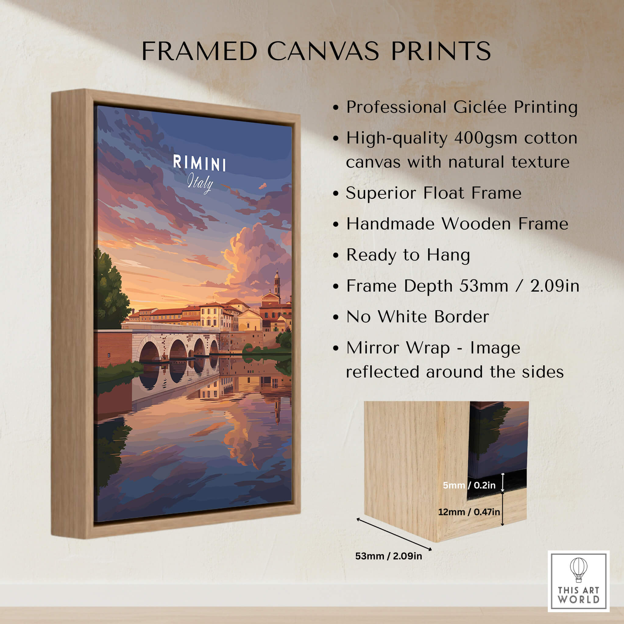 Rimini Italy Wall Art Print | Dramatic Sunset Over Tiberius Bridge Travel Poster framed canvas print with wooden frame.