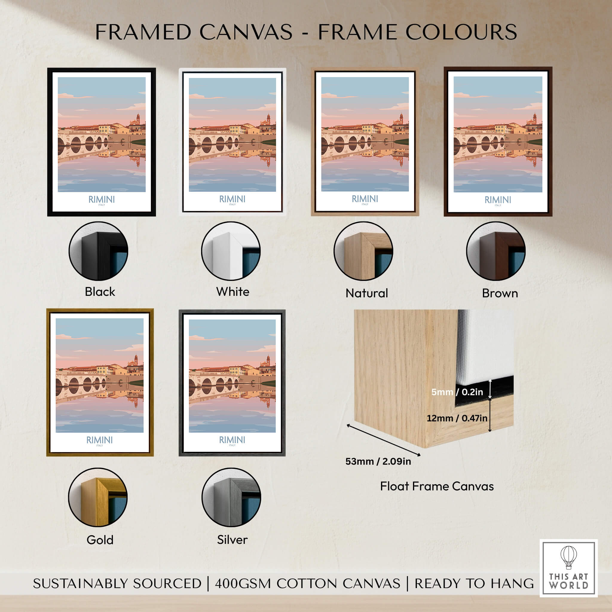 Rimini Italy Poster | Panoramic River Cityscape Scene Canvas Print shown with various frame color options including black, white, natural, brown, gold, silver.