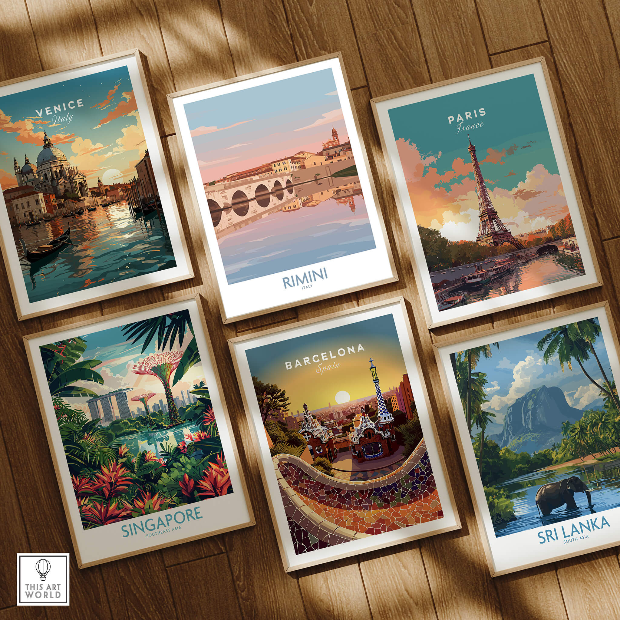 Rimini Italy Poster | Panoramic River Cityscape Scene Canvas Print among travel-themed art prints featuring Venice, Singapore, Paris, and Sri Lanka.