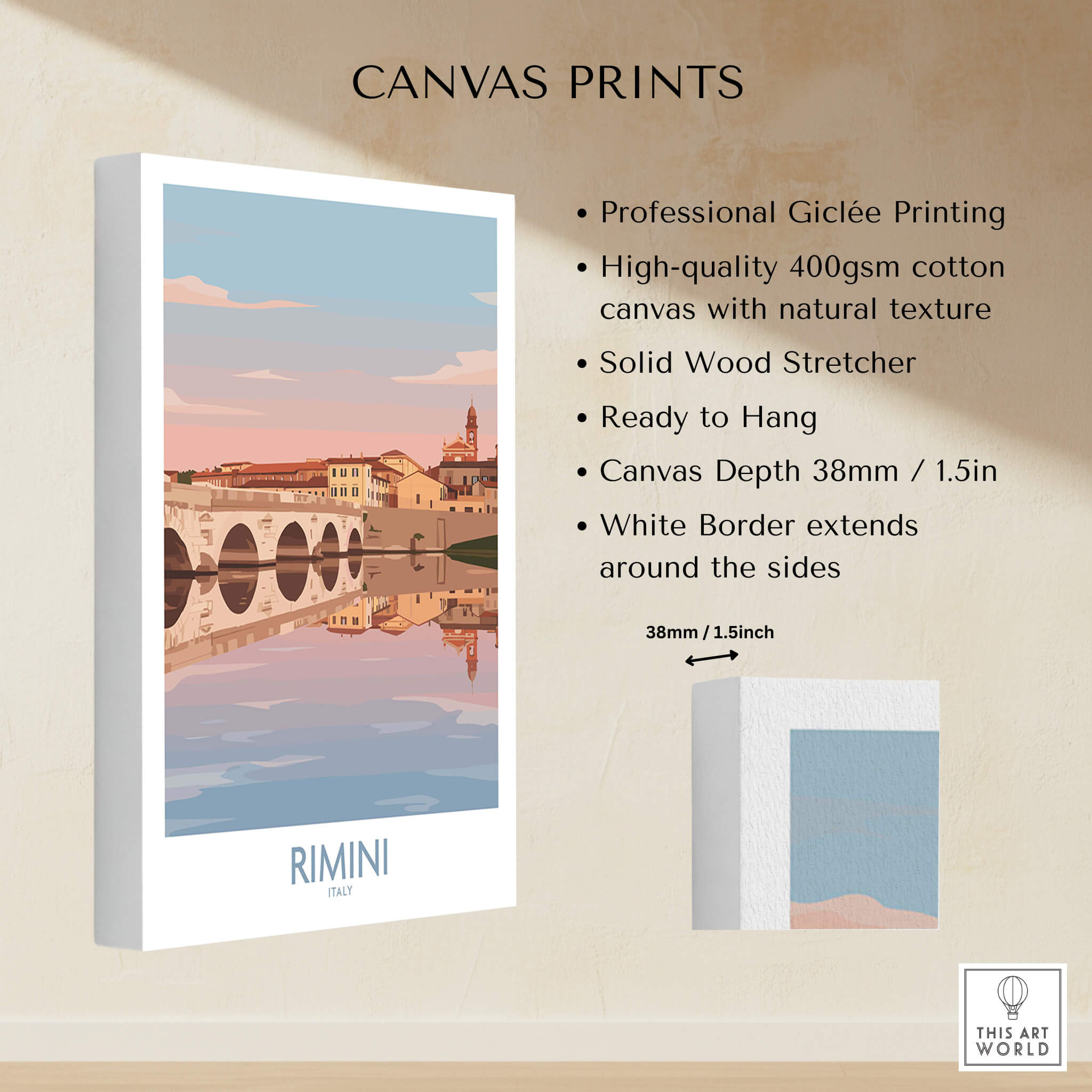 Rimini Italy Poster | Panoramic River Cityscape Scene Canvas Print showcasing professional Giclée printing and high-quality canvas.