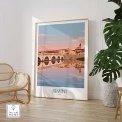 Rimini Italy Poster | Panoramic River Cityscape Scene Canvas Print displayed in a stylish interior with reflections.