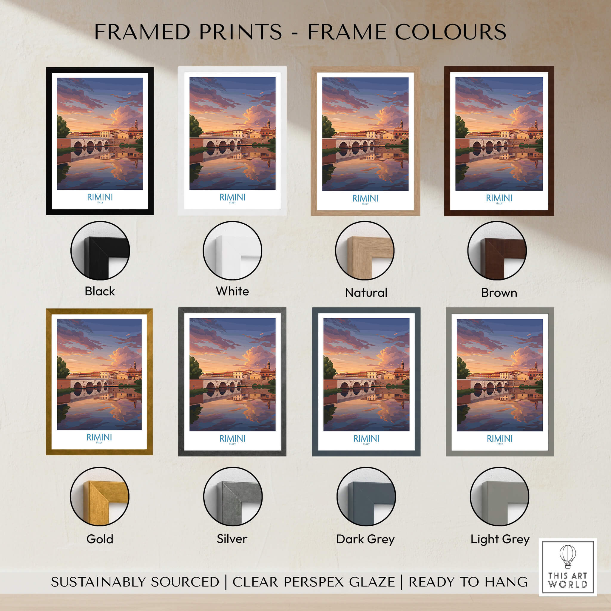 Rimini Italy Poster | Romantic Italian Town River View Canvas Print framed print colour options display.