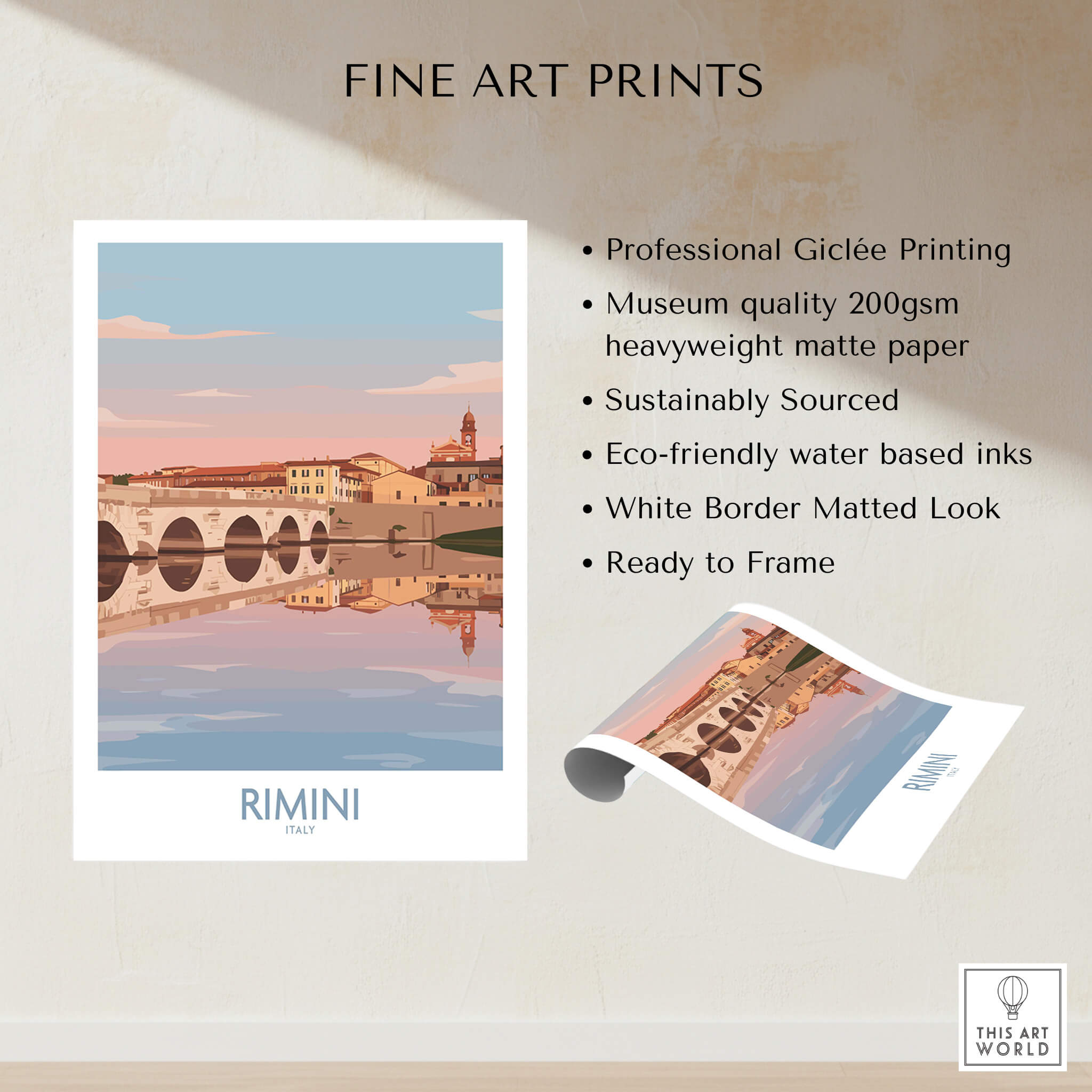 Rimini Italy Poster | Panoramic River Cityscape Scene Canvas Print showcasing professional Giclée printing and eco-friendly inks.