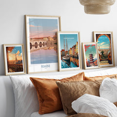 Rimini Italy Poster | Panoramic River Cityscape Scene Canvas Print displayed among other framed cityscape artworks