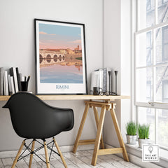 Rimini Italy Poster | Panoramic River Cityscape Scene Canvas Print displayed in a stylish office setting with natural light.