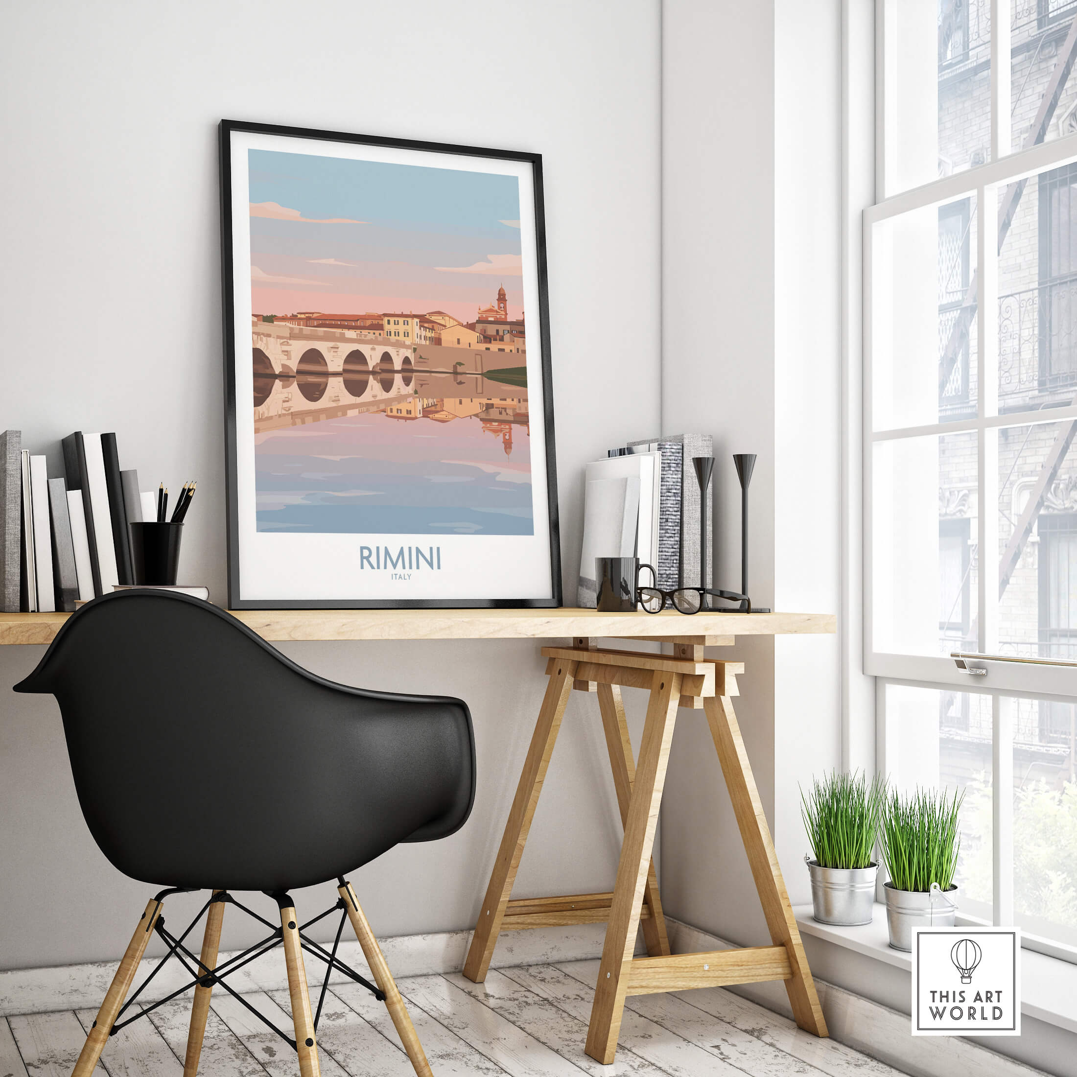 Rimini Italy Poster | Panoramic River Cityscape Scene Canvas Print displayed in a stylish office setting with natural light.