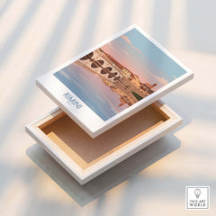 Rimini Italy Poster | Panoramic River Cityscape Scene Canvas Print displayed on a decorative box.