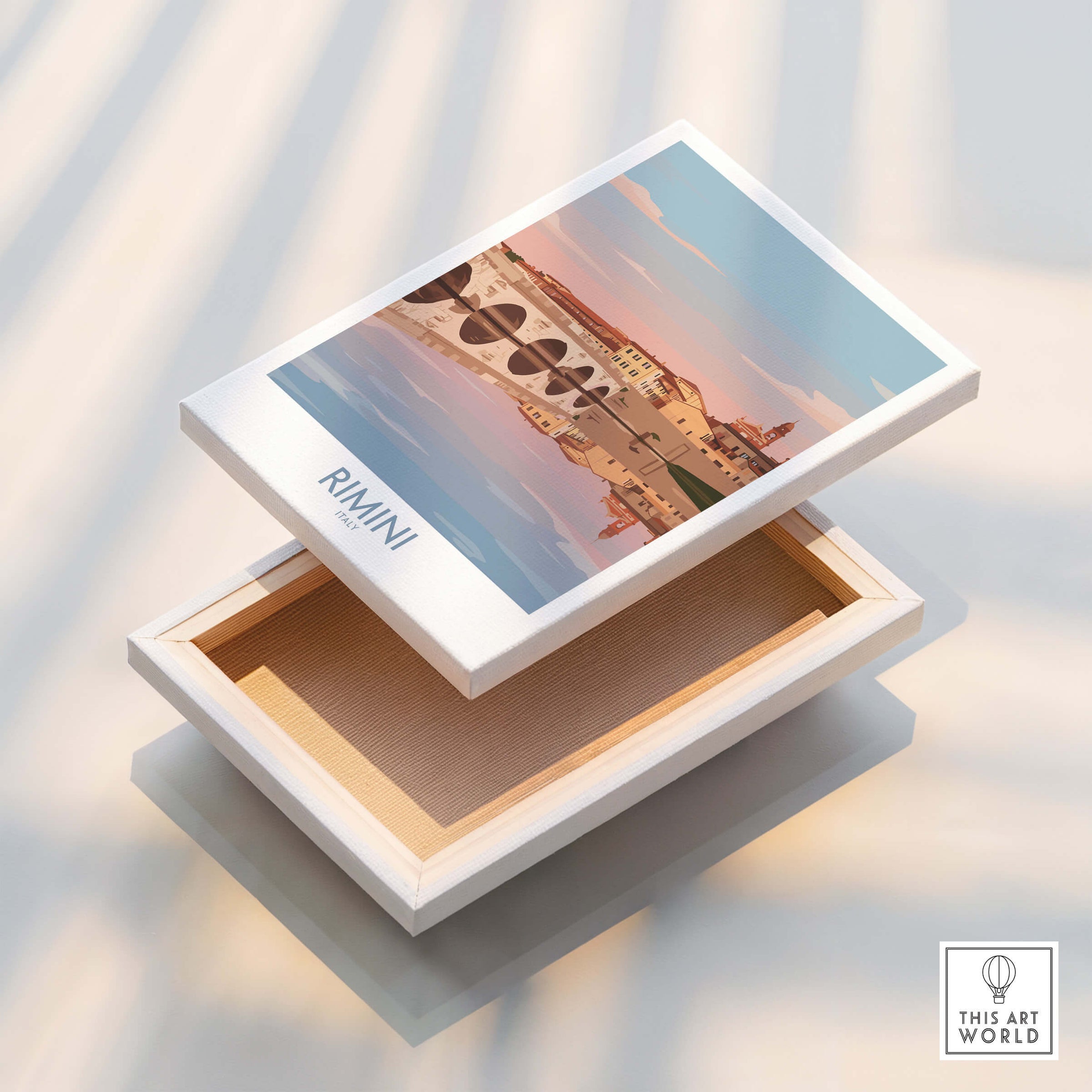 Rimini Italy Poster | Panoramic River Cityscape Scene Canvas Print displayed on a decorative box.