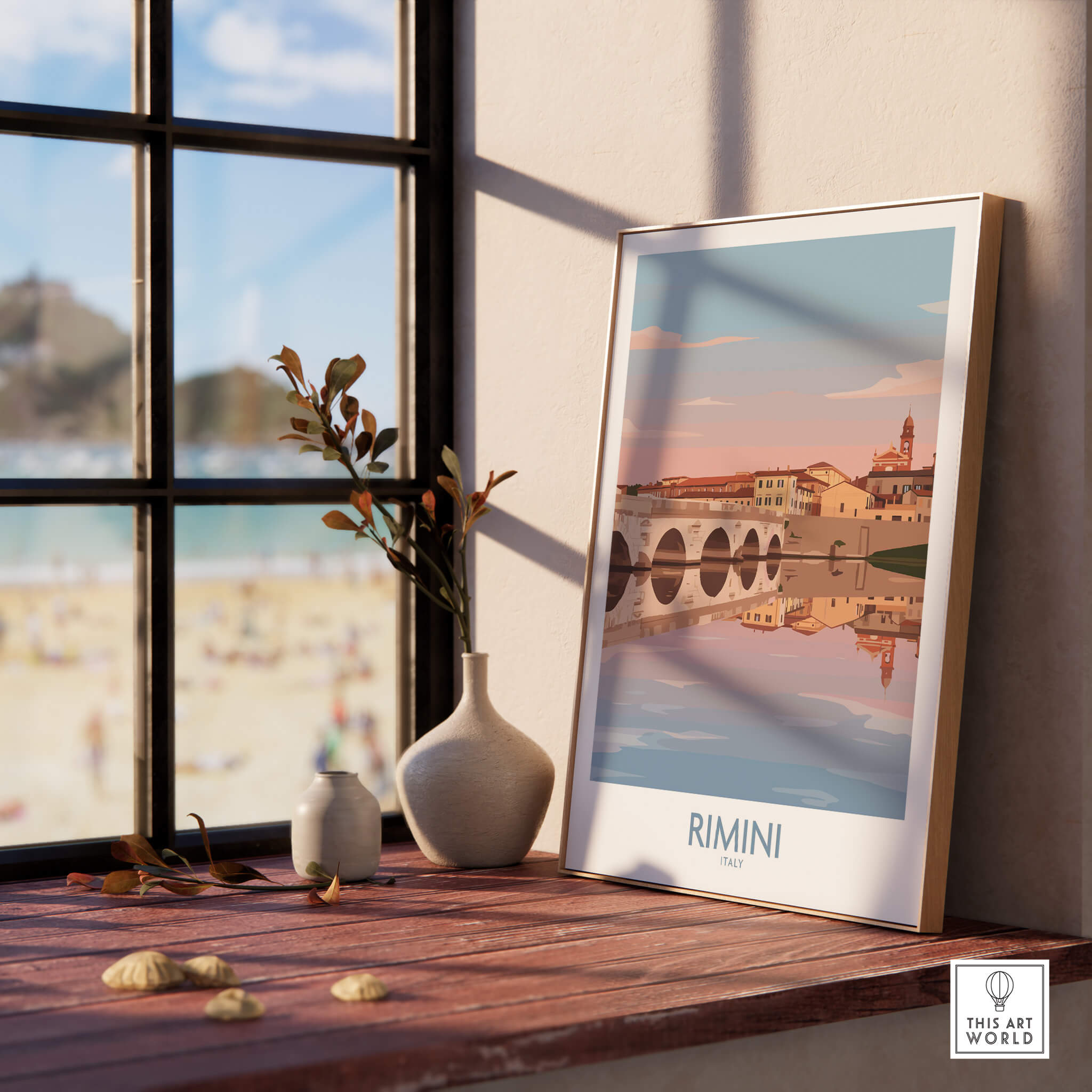 Rimini Italy Poster | Panoramic River Cityscape Scene Canvas Print displayed on a wooden table near a window.