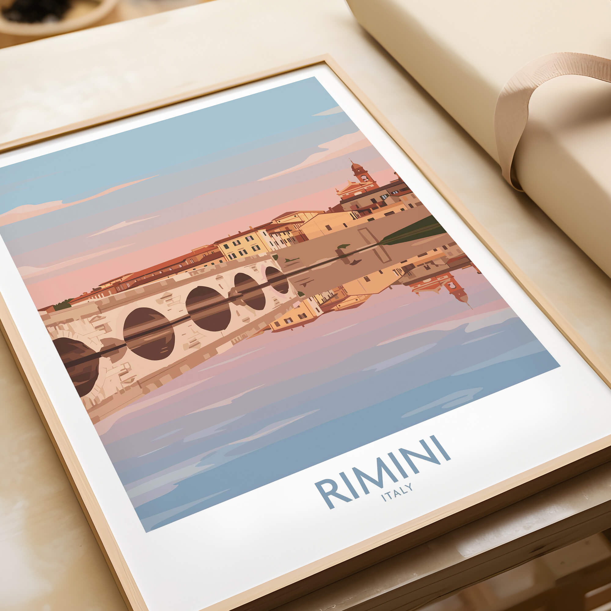 Rimini Italy Poster | Panoramic River Cityscape Scene Canvas Print showcasing scenic waterfront and historic bridges.