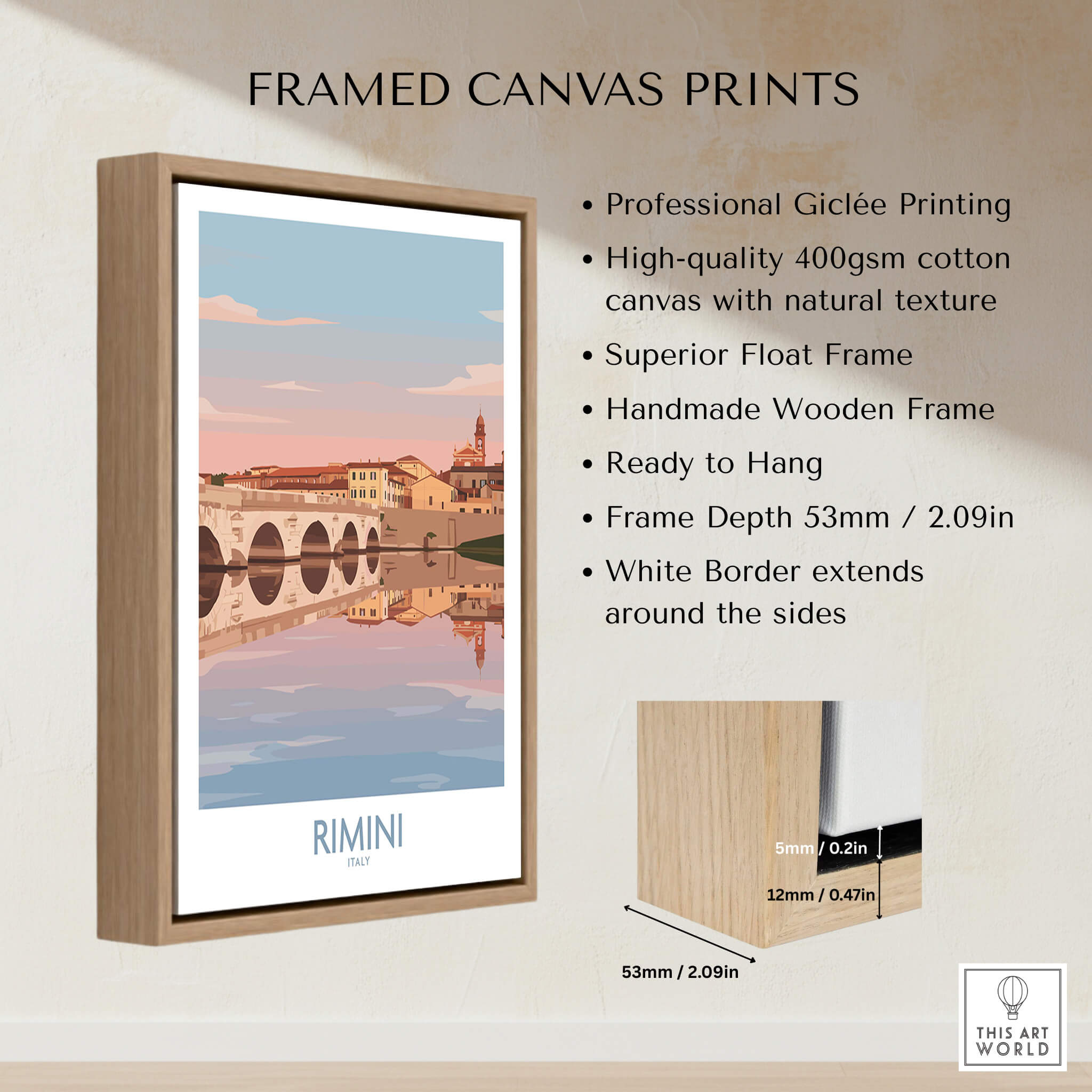 Rimini Italy Poster | Panoramic River Cityscape Scene Canvas Print showcasing framed print details.