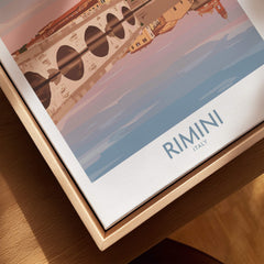 Rimini Italy Poster | Panoramic River Cityscape Scene Canvas Print framed on wooden display.