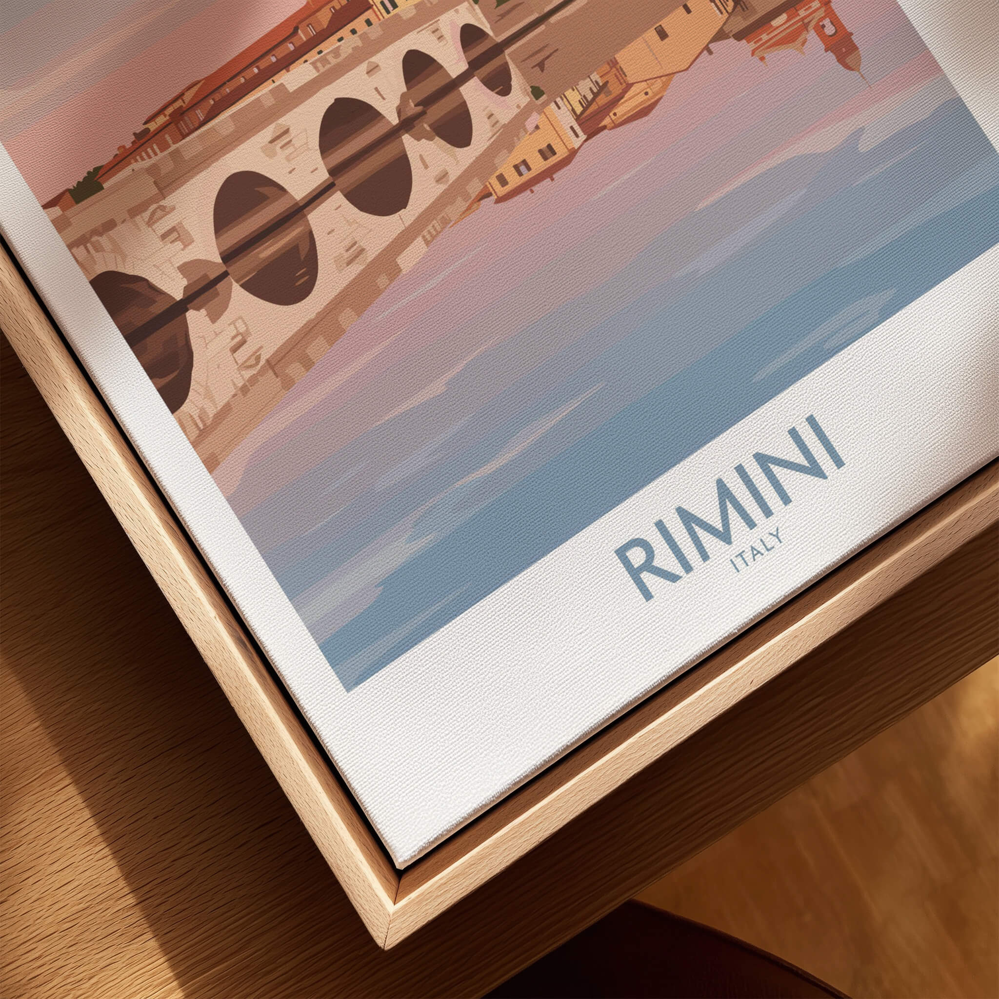 Rimini Italy Poster | Panoramic River Cityscape Scene Canvas Print framed on wooden display.