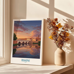 Rimini Italy Poster | Romantic Italian Town River View Canvas Print in sunlit room with vase of flowers.