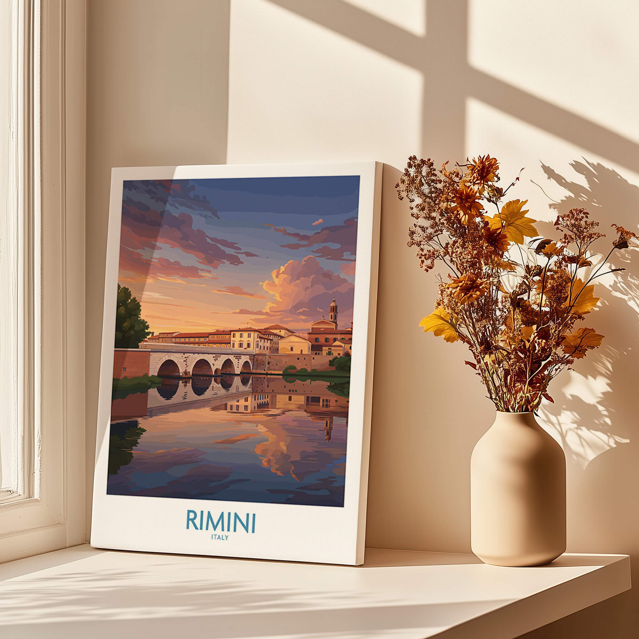Rimini Italy Poster | Romantic Italian Town River View Canvas Print in sunlit room with vase of flowers.