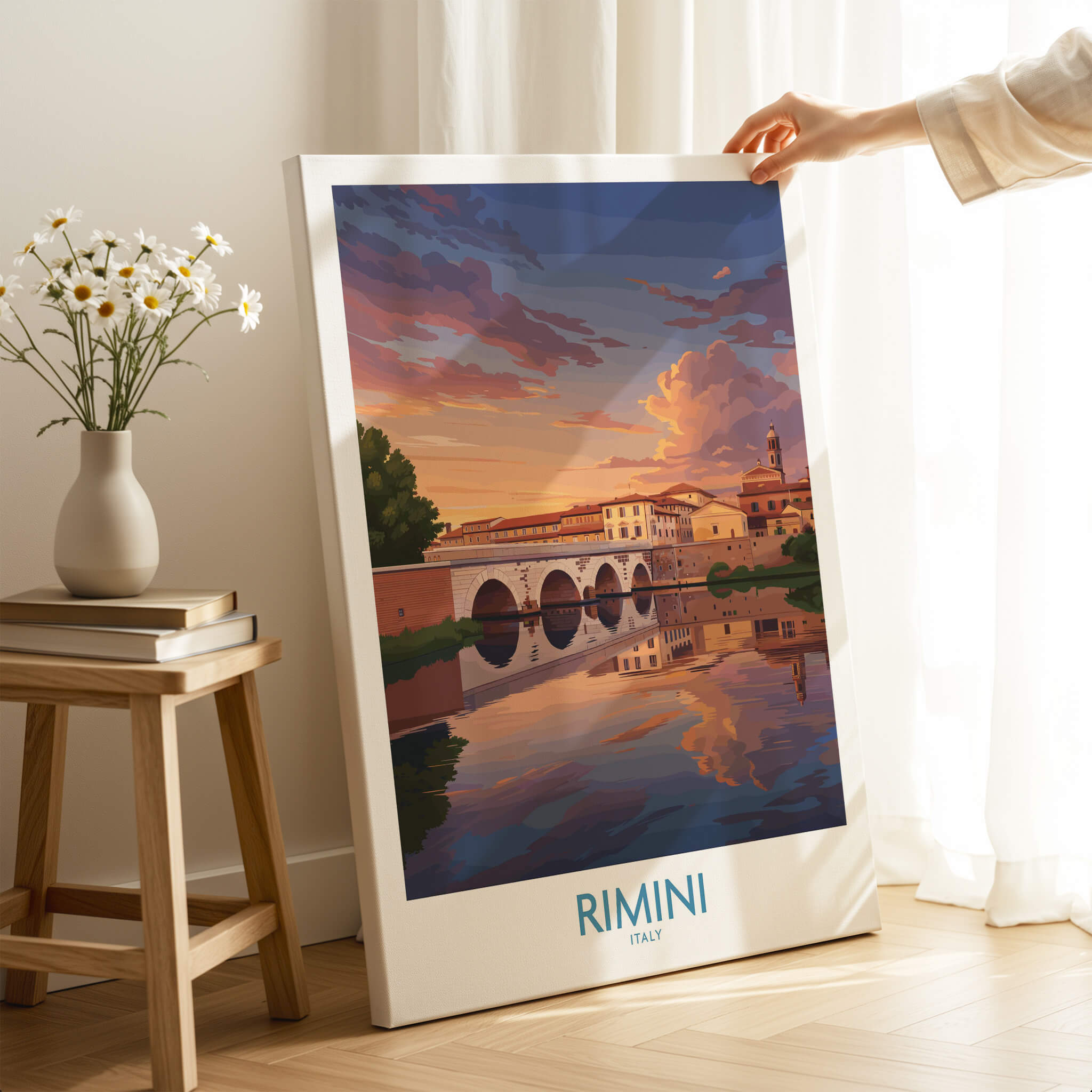 Rimini Italy Poster | Romantic Italian Town River View Canvas Print featuring a picturesque sunset over the river.