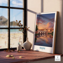 Rimini Italy Poster | Romantic Italian Town River View Canvas Print displayed on a wooden table with a scenic view.