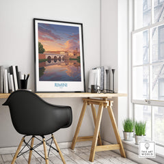 Rimini Italy Poster | Romantic Italian Town River View Canvas Print displayed in a modern workspace.