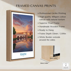 Rimini Italy Poster | Romantic Italian Town River View Canvas Print in a framed canvas print display.