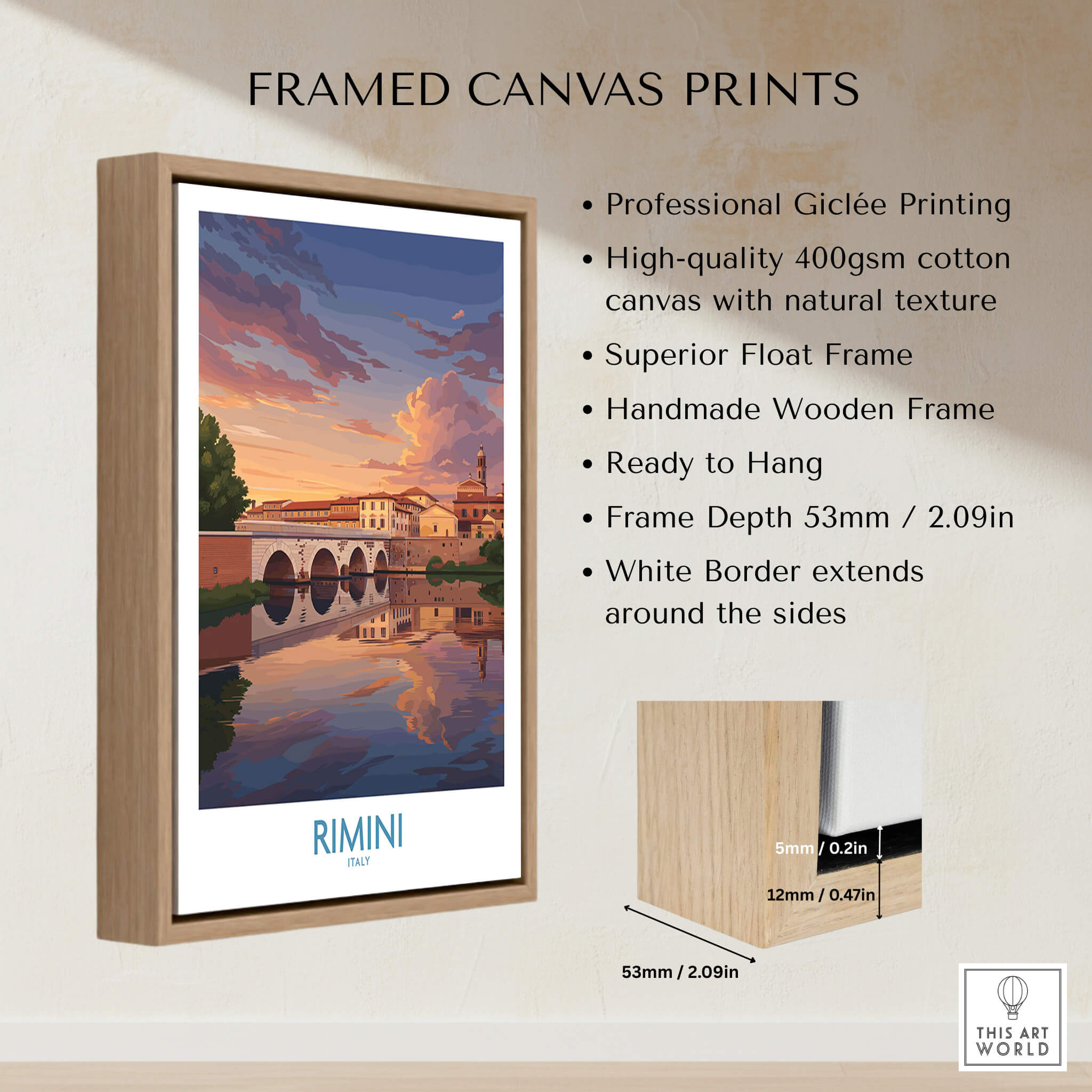 Rimini Italy Poster | Romantic Italian Town River View Canvas Print in a framed canvas print display.