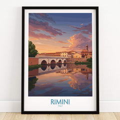 Rimini Italy Poster | Romantic Italian Town River View Canvas Print showcasing a picturesque sunset and reflections.