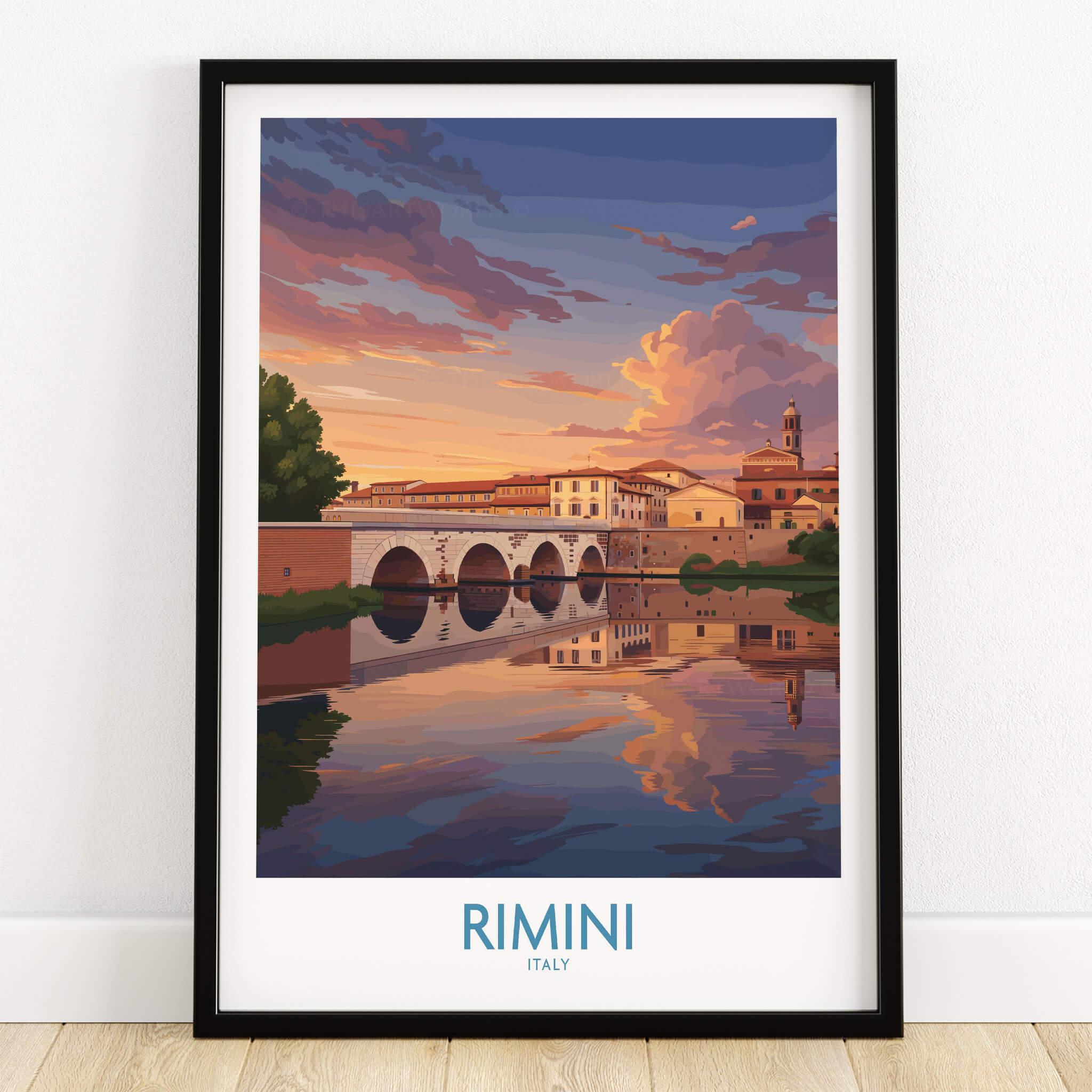 Rimini Italy Poster | Romantic Italian Town River View Canvas Print showcasing a picturesque sunset and reflections.