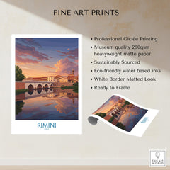 Rimini Italy Poster | Romantic Italian Town River View Canvas Print showcasing a vibrant sunset over historic architecture.