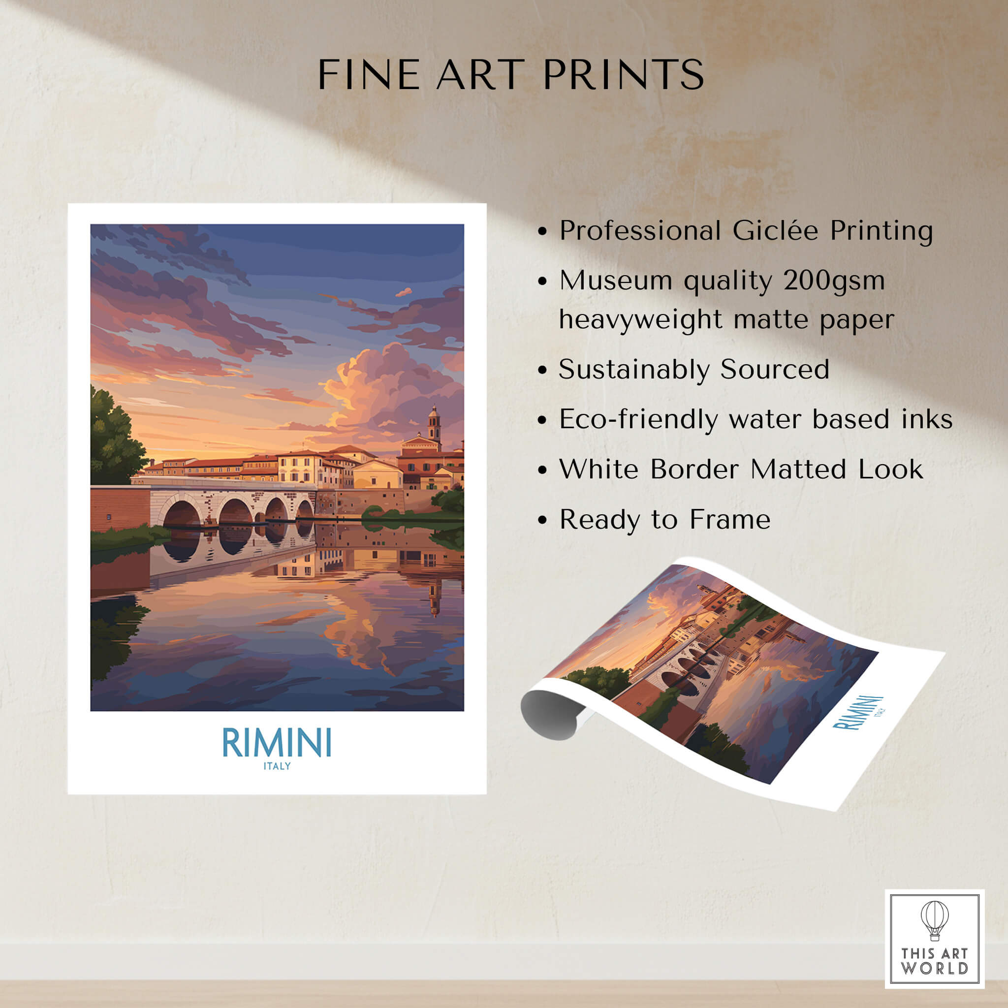 Rimini Italy Poster | Romantic Italian Town River View Canvas Print showcasing a vibrant sunset over historic architecture.