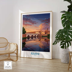 Rimini Italy Poster | Romantic Italian Town River View Canvas Print showcased in a modern living space with plant.