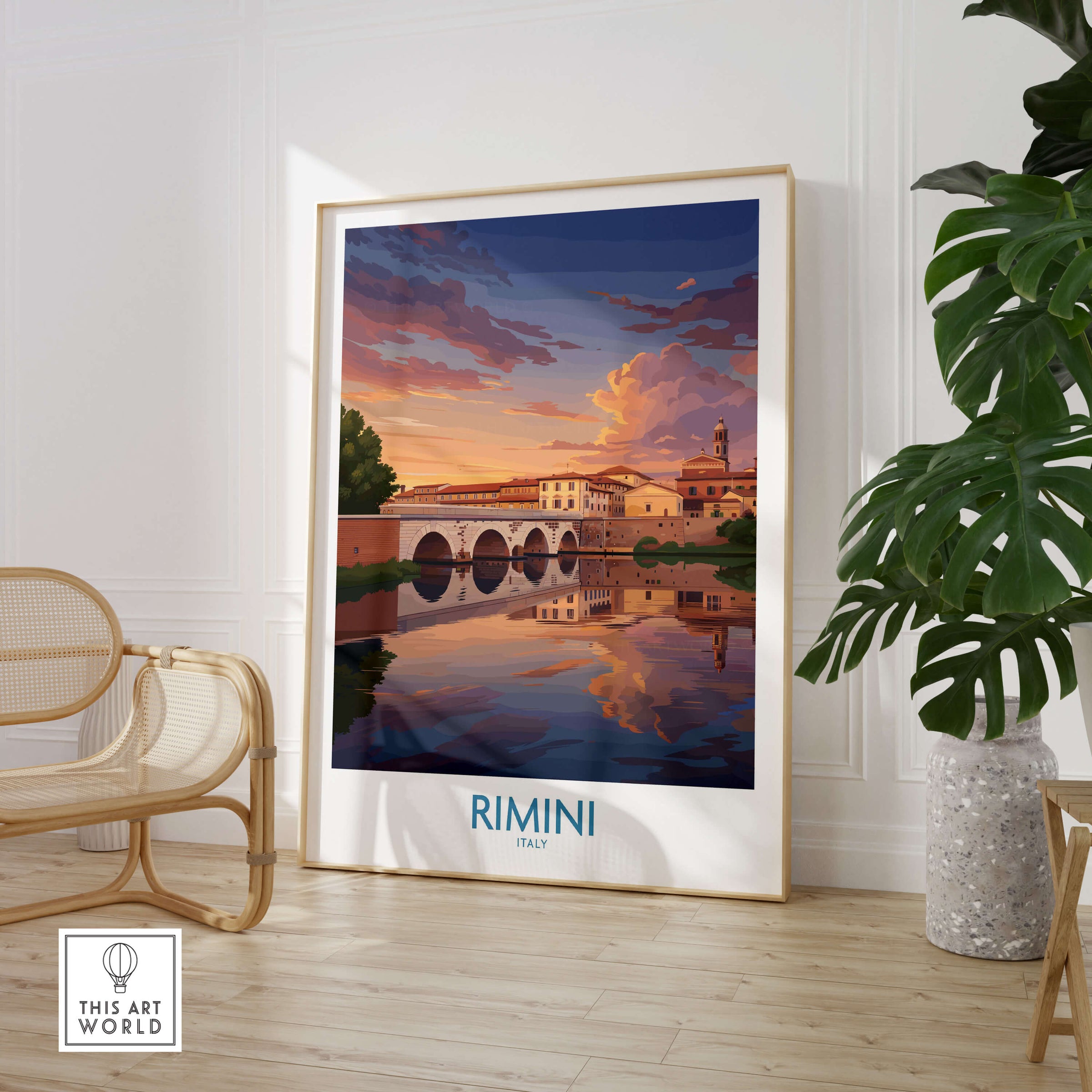 Rimini Italy Poster | Romantic Italian Town River View Canvas Print showcased in a modern living space with plant.