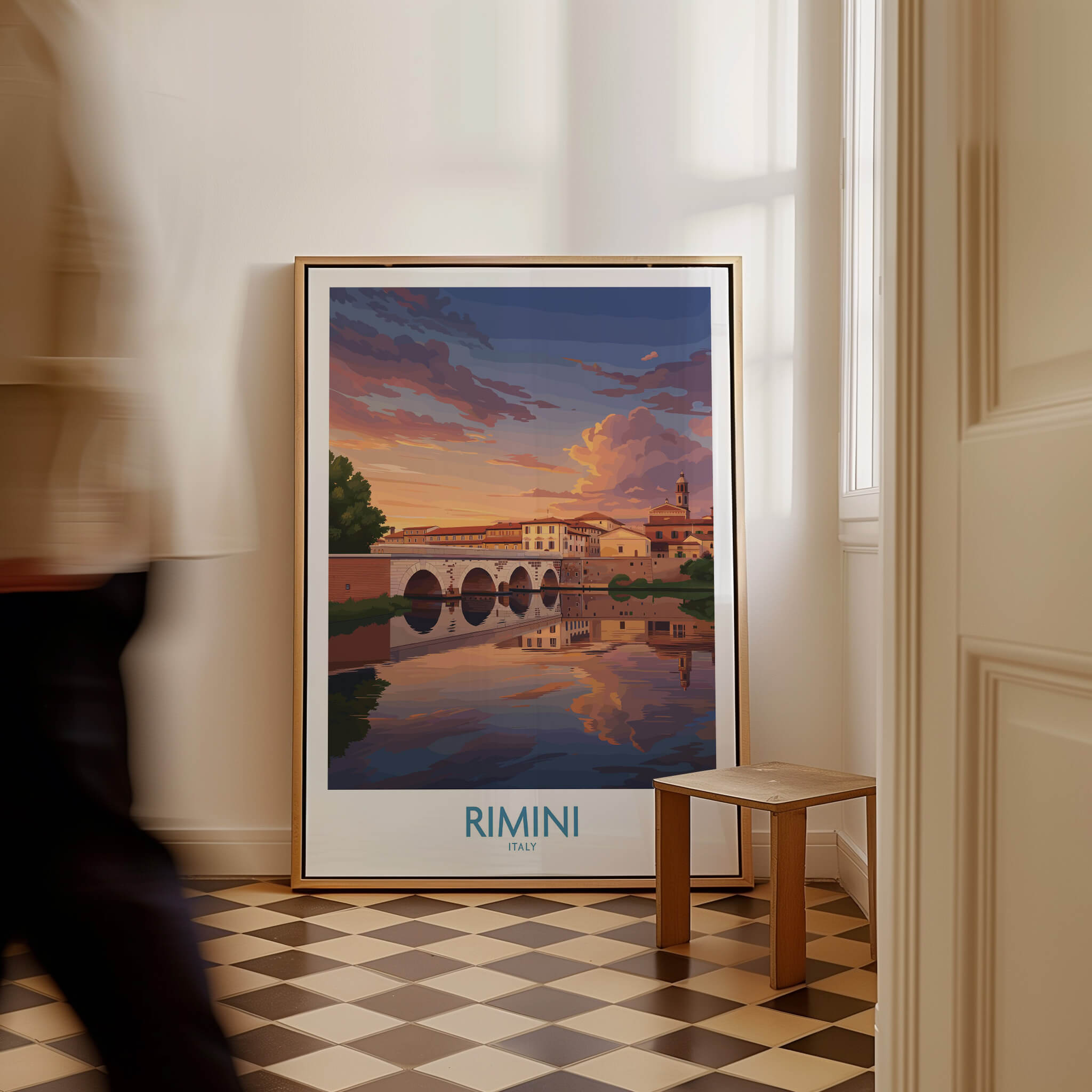 Rimini Italy Poster | Romantic Italian Town River View Canvas Print showcasing a scenic river view with historic architecture.