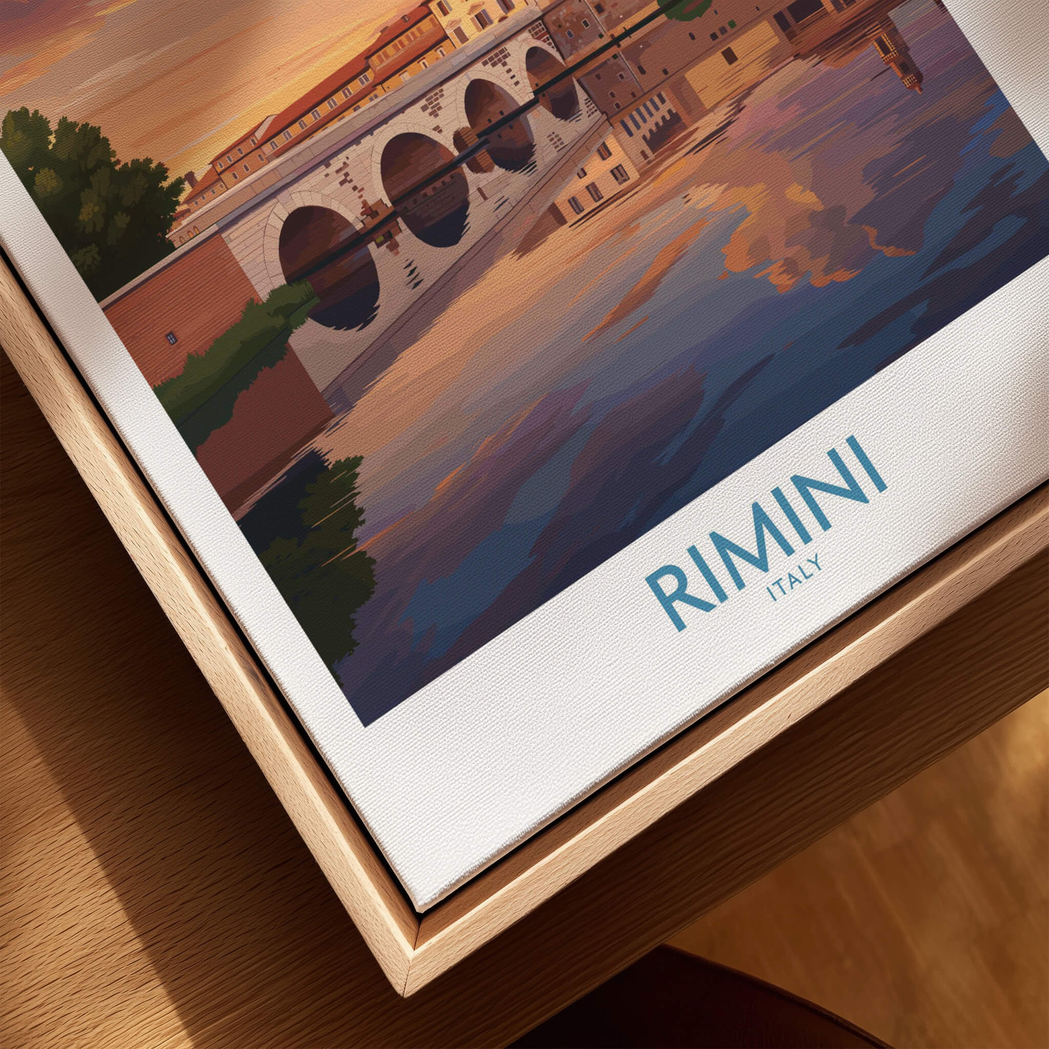 Rimini Italy Poster | Romantic Italian Town River View Canvas Print showcasing a picturesque waterfront scene.